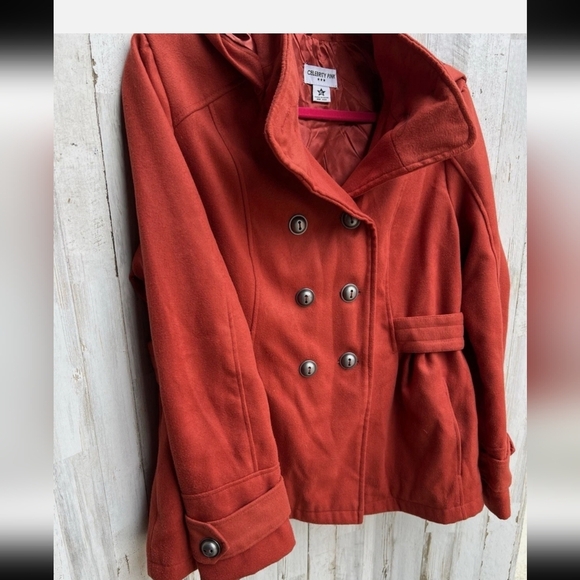 Celebrity Pink Women's Double-Breasted Red Pea Coat - Picture 13 of 16